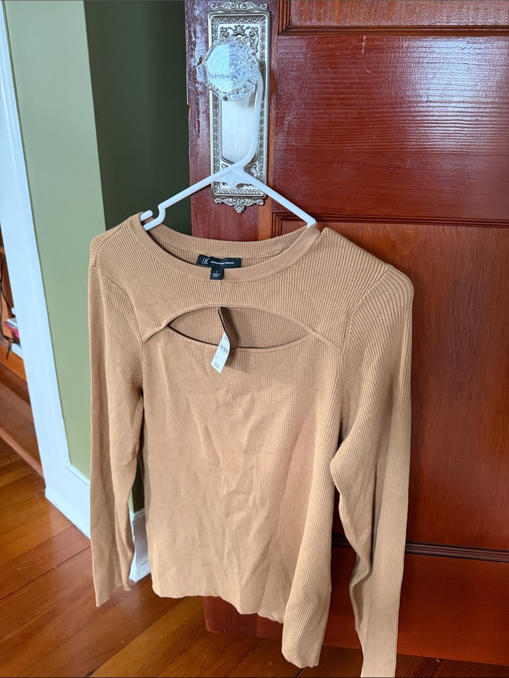 INC International Concepts Warm Toffee Ribbed Crew Neck Cutout Sweater